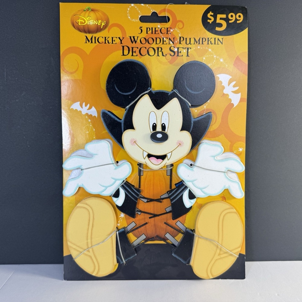 Vintage Disney Mickey Mouse‎ Halloween Decoration Pumpkin Wood Decor Set Push in